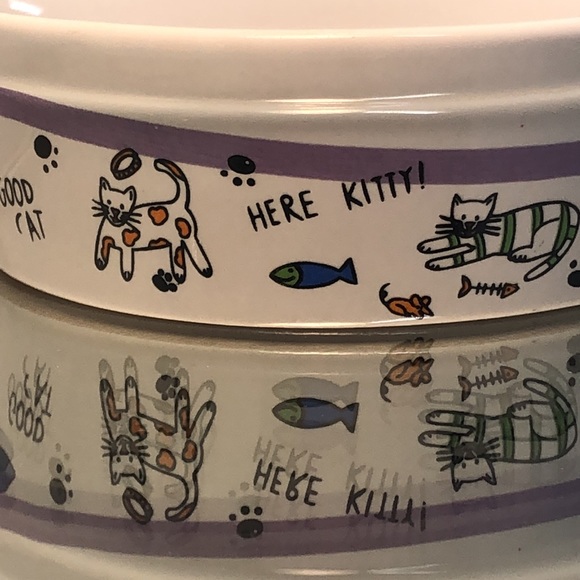 Kitty cat dish bowl ceramic with cat prints around the outside purple stripe - Picture 2 of 5
